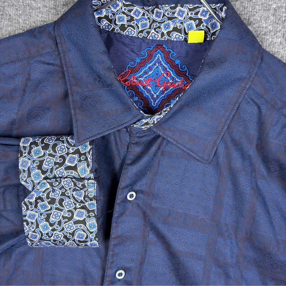 Robert Graham Shirt Men 3XL Classic Fit Blue Damask Jacquard Geometric Flip Cuff